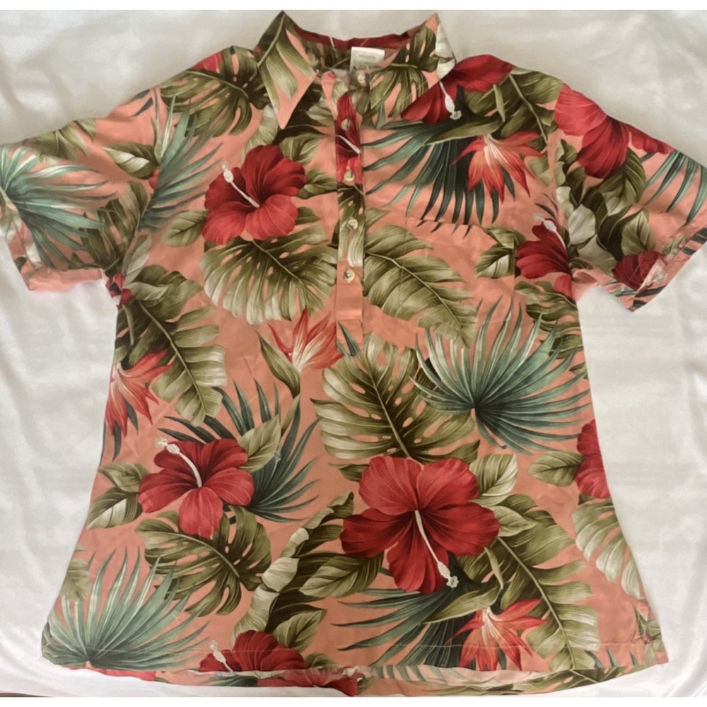 Go Barefoot Vintage Women's L Short Sleeve Floral Hawaiian Button-Up Shirt